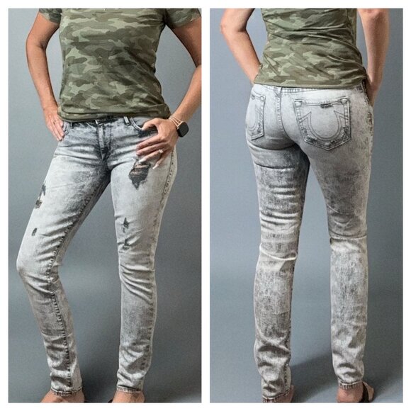 True Religion Jeans Halle Mid Rise Super Skinny Acid Wash size 27 Destroyed - Picture 1 of 6